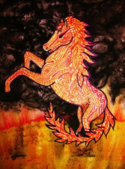 The Fire Horse by Hannah Sterry. An illustration of a rearing stallion on the surface of a flame-covered sun!