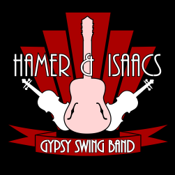 Hamer & Isaacs logo by Hannah Sterry. Hamer & Isaacs play volcanic, swinging gypsy jazz. Whilst portraying the influence of Django Reinhardt and the Hot Club of France, the unique addition of Rosie Corlett's soaring, flaming vocals is guarenteed to turn the thermostat up a notch. Rich Hamer (lead guitar) provides cut, thrust, panache and inspiration, and Mel Brindle Scullion (swing violin) utilises her impeccable classical pedigree to lend virtuosity to the flair of her improvisation. Julian Isaacs (rhythm guitar), a veteran of the gypsy jazz scene for over three decades, and the animated and vivacious lines of Howard Kahn (double bass) provide the driving force that is the rhythm section. Hamer & Isaacs Gypsy Swing Band are available as a guitar duo, an instrumental or vocal trio, or as a full quintet. Set the controls for the heart of swing and witness them for yourselves!