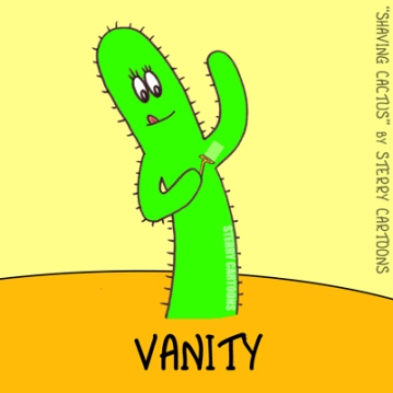 Vanity: Cartoon cactus shaving with razor.